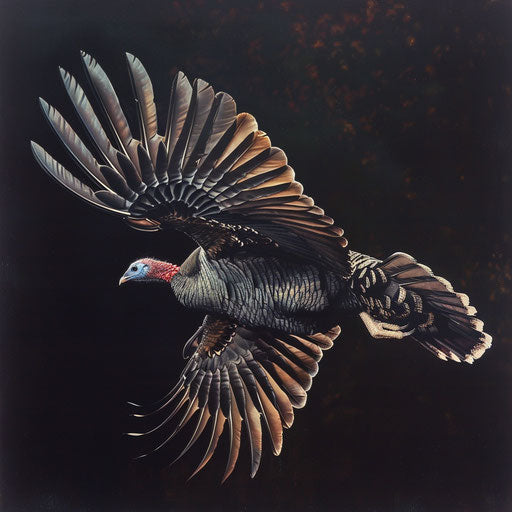 Wild turkey in flight, in the style of Frans Lanting