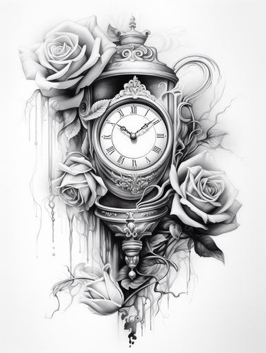 Black and white tattoo with roses and old clock