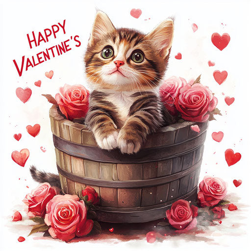 Happy cat in old barrel of hearts and roses
