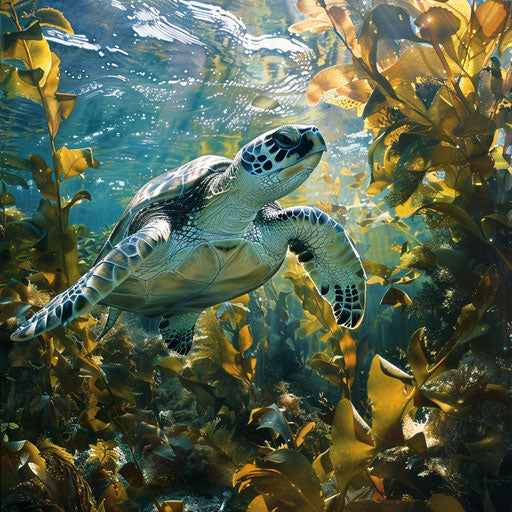 Olive ridley sea turtle in a kelp forest