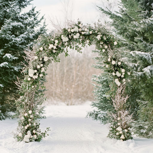 Wedding arch adorned with mistletoe and white winter blooms