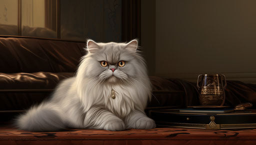 Gazing at one of the cats persian lord, silver and maroon style, light indigo and light brown, smooth and polished, charming frivolity