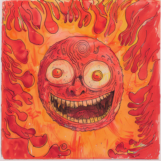 Red and flame drawing with little face, zany humor style