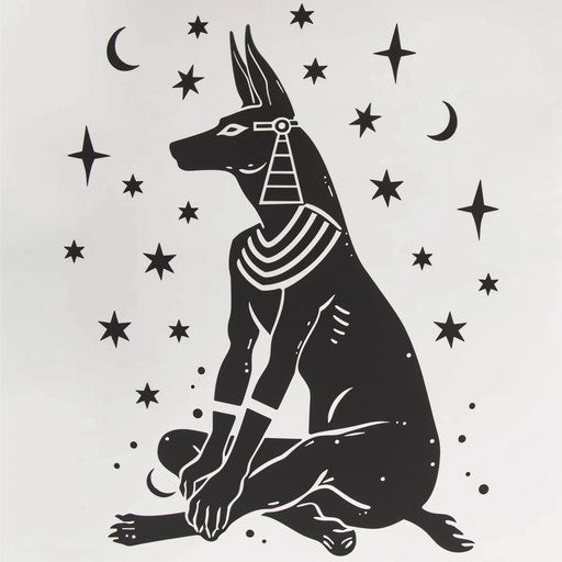 Anubis stencil in a serene pose with stars and moons