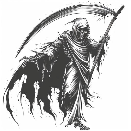 Detailed black and gray reaper tattoo design on white