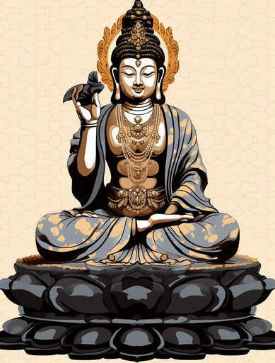 Indian stone Buddha sculpture in shaded style, ukiyo-e