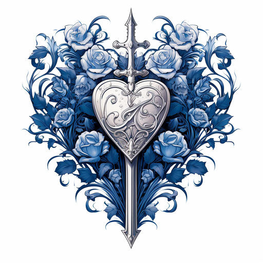 Heart tattoo with sword, white and blue style