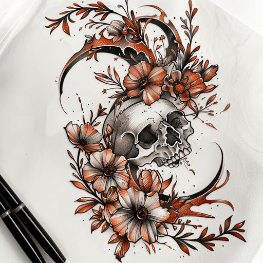 Tattoo of death seal with floral elements and earthy colors