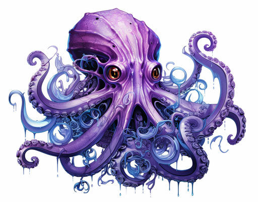 The big blue octopus is purple on a white background