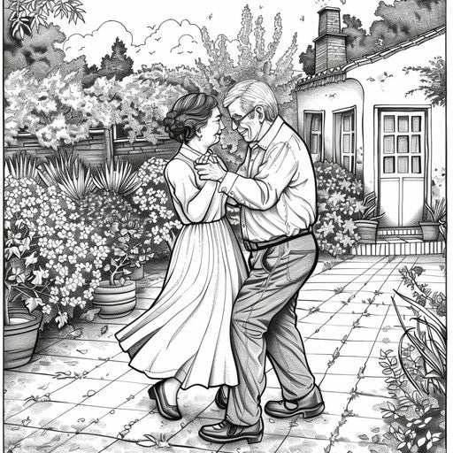 A touching scene of an elderly couple dancing in a garden