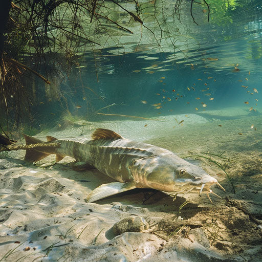 White sturgeon resting near sandy river bottom, with small fish swimming around in peaceful natural habitat.