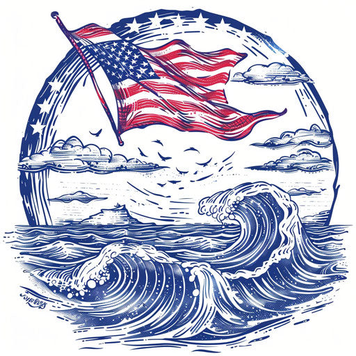 National flag waving above sea scene, clipart style