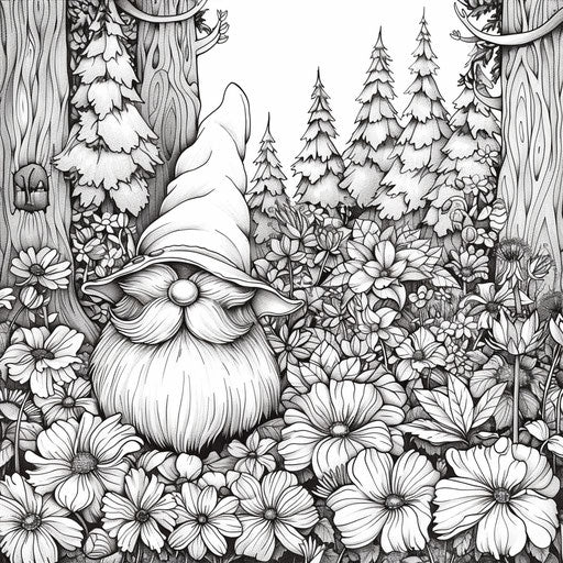 A whimsical gnome in a forest filled with flowers, Teagan White style, coloring book page