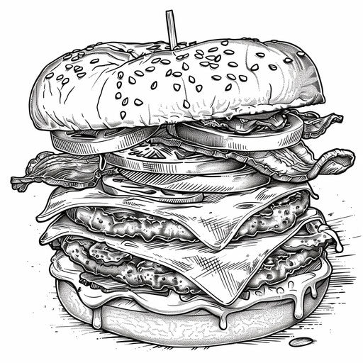 Gourmet burger with cheese, bacon, and avocado. Coloring book