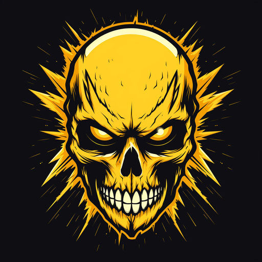 Lightning skull icon in black and yellow, retrocore style