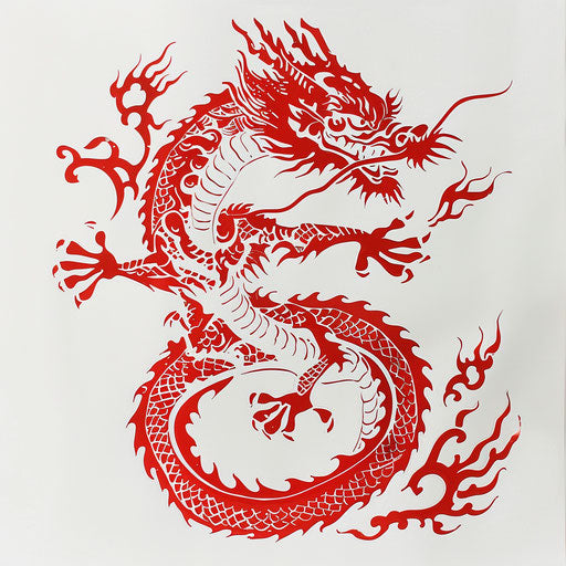 Red dragon on white background, stencil art, graceful lines