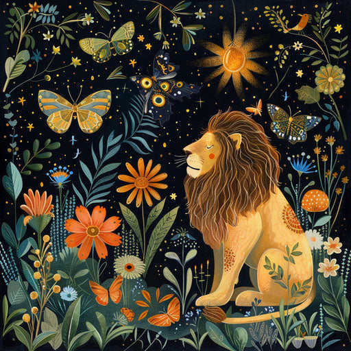 Lions and butterflies in a magical garden