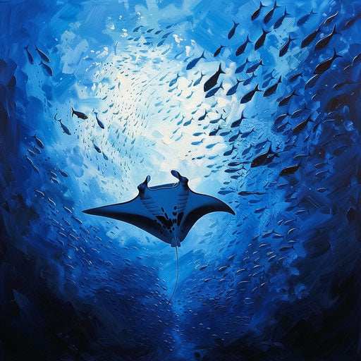 Manta ray in the deep blue sea surrounded by schools of fish
