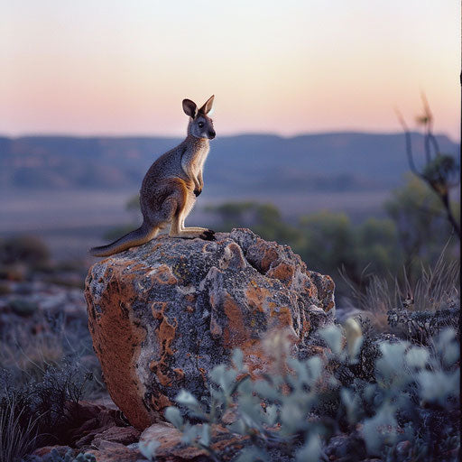 Dusk in desert, silhouette Yellow-footed Rock Wallaby