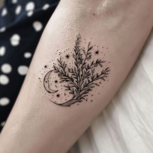 Soft and subtle flat tattoo sketch of a sage bush under a starry night sky