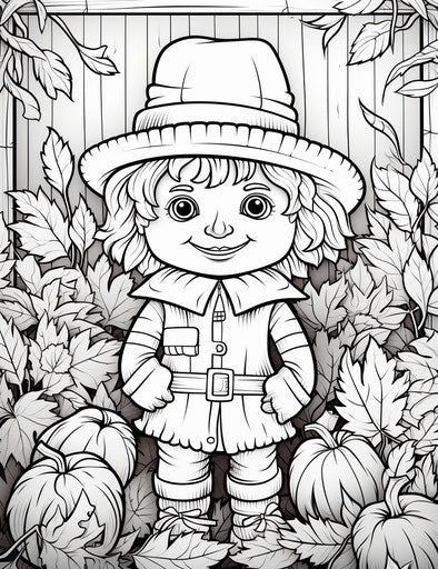 Cute scarecrow coloring page with leaves for kids
