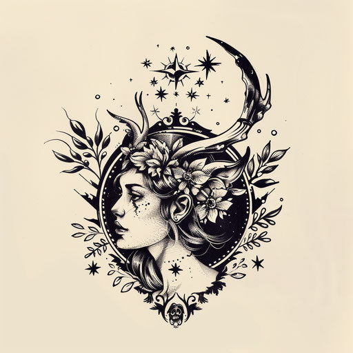 Elegant flat tattoo sketch of Artemis surrounded by stars and wildlife