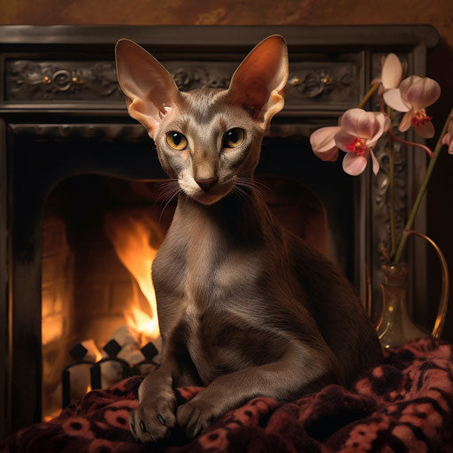 Oriental shorthair cat by a fireplace fire