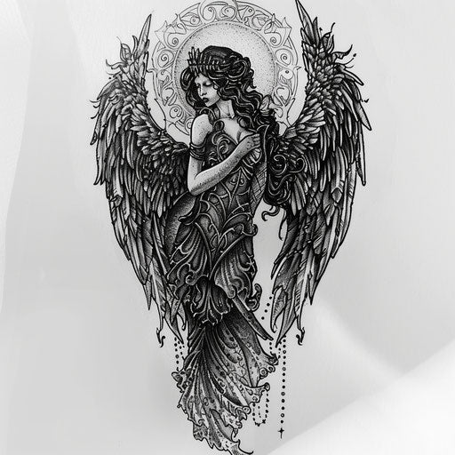 Gothic guardian angel tattoo with dark details and mysterious aura