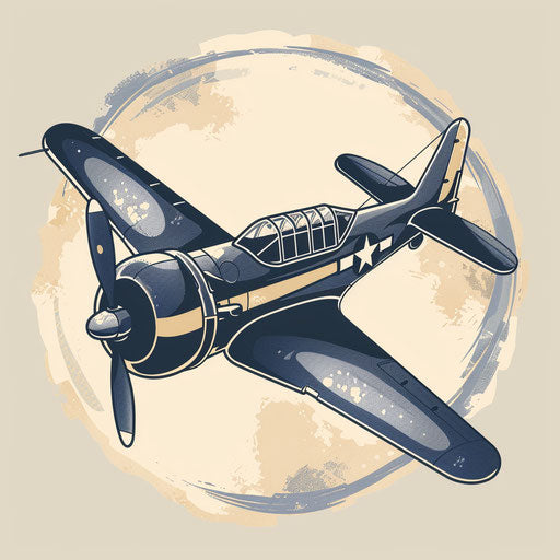 Traditional flat tattoo sketch of a propeller plane, navy and beige clipart style