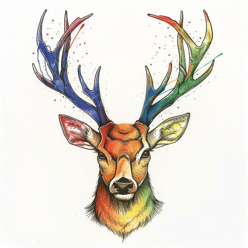 Elegant deer with antlers decorated in pride flag colors, flat tattoo sketch