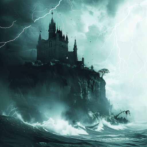 Gothic castle on cliff, surrounded by stormy sea, lightning