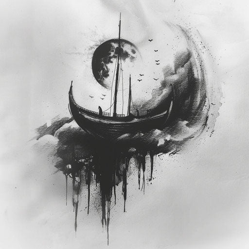 Gothic flat tattoo sketch of a ghostly boat on a foggy, moonlit night