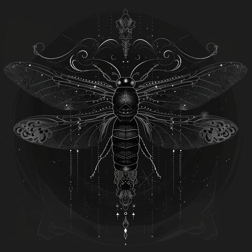 Gothic tattoo sketch of a firefly with dark colors and lace patterns in an elegant clipart style