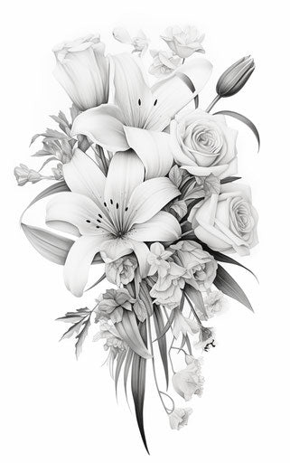 Minimalistic black and white floral tattoo design