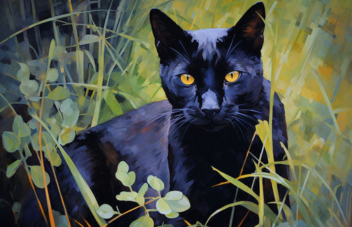 Black cat on green grass, explosive, sleek, dark