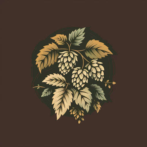 Craft beer logo with rustic design and hops on dark brown background