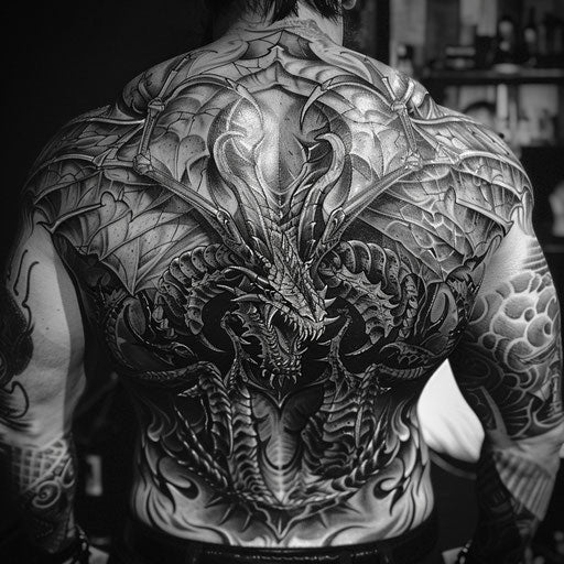 Dark and detailed back tattoos for men