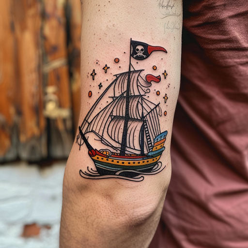 Bicep tattoo of pirate ship, Sailor Jerry style