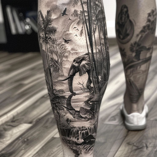 Realistic black and gray leg sleeve tattoo with wildlife scenes