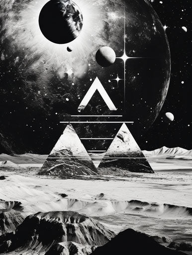 Planets in a fractured triangle in black and white realism