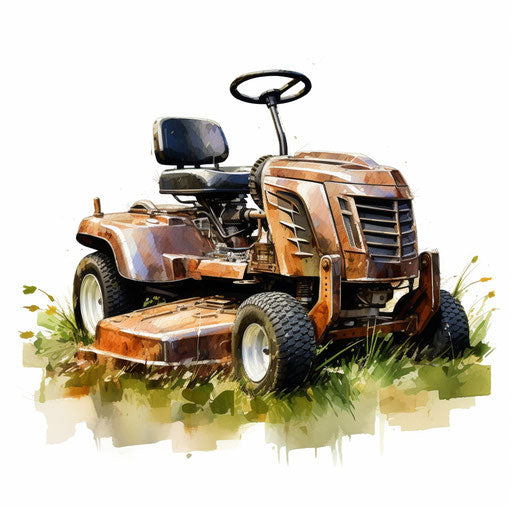 Lawn mower clip art in the style of oil painting on white background