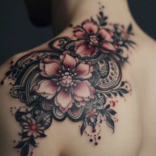 Japanese cherry blossom tattoo on shoulder blade with mandala elements