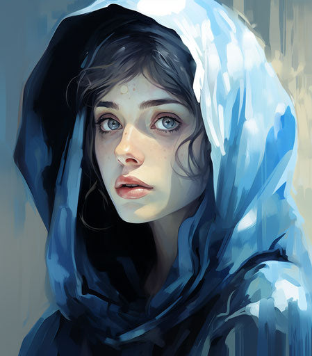 The Mary, painterly style, light black and blue, free brushwork, realistic, aurorapunk, cartoon style
