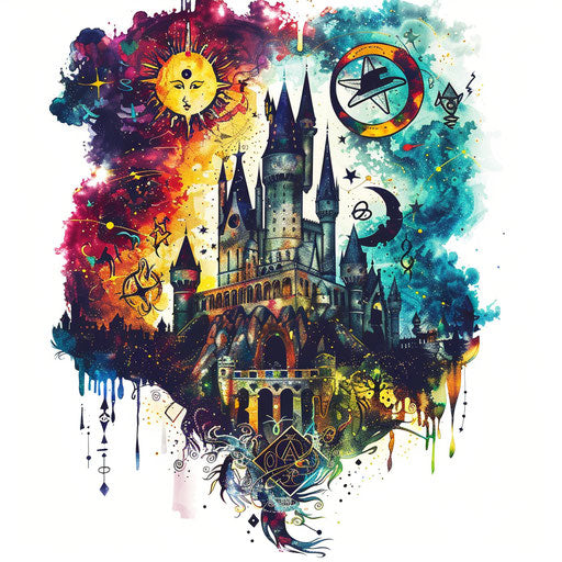 Castle surrounded by mythical symbols and astrology signs