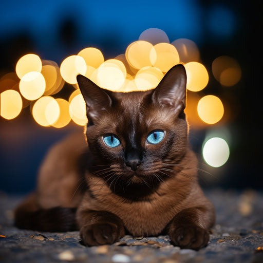 Burmese cat outside at night