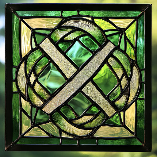 Stained glass with Celtic motifs in green, symmetrical design