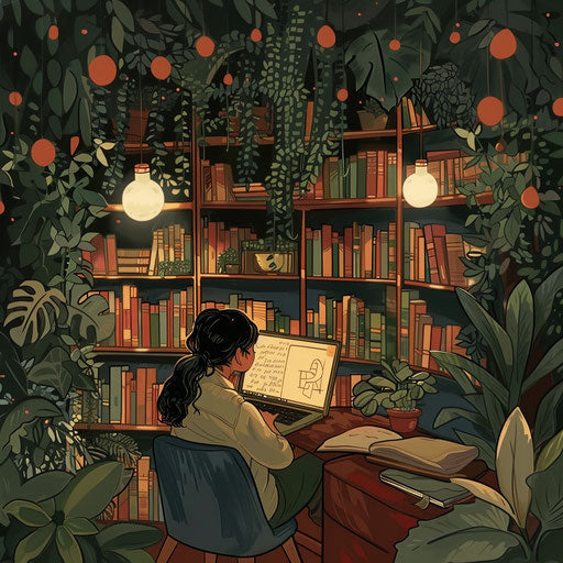 Working on laptop with books and plants in cozy nook