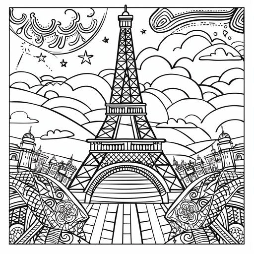 Eiffel Tower with abstract patterns - Coloring book page