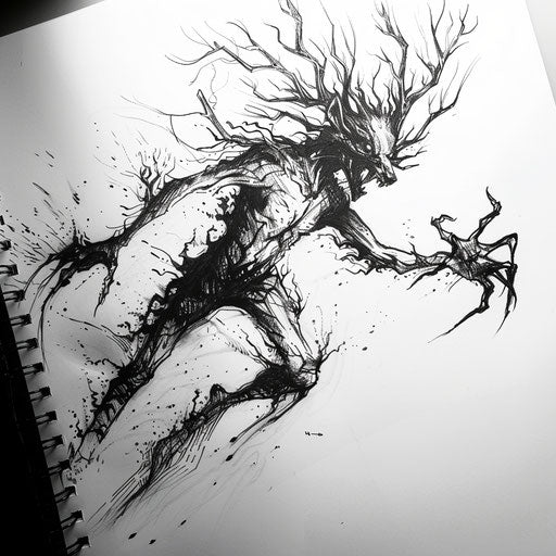 Dynamic flat tattoo sketch of a Wendigo running through a snowstorm