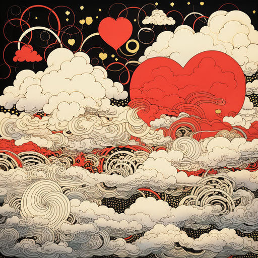 Japanese clouds and red hearts with a gold rim